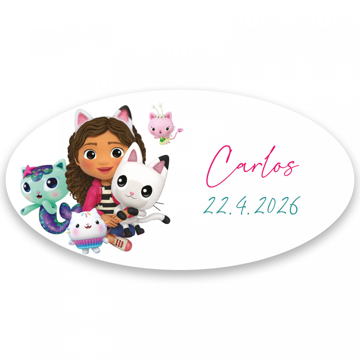 Adesivo gabby gatto ovale fondo bianco personalizzabile 4x2cm