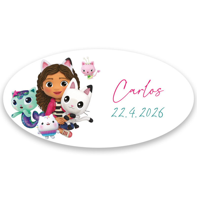 Adesivo gabby gatto ovale fondo bianco personalizzabile 4x2cm