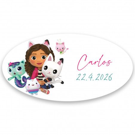 Adesivo gabby gatto ovale fondo bianco personalizzabile 4x2cm