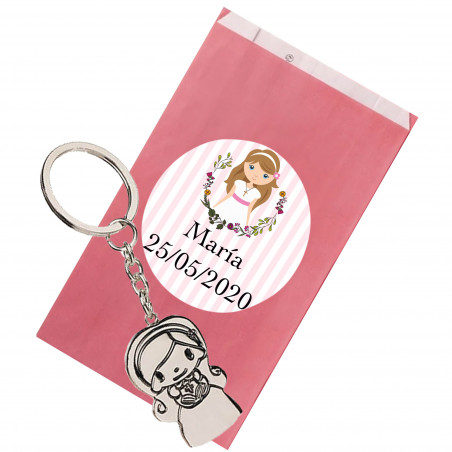 Portachiavi di Comunione Bambina con Sacchetto Kraft e Adesivo Personalizzato
