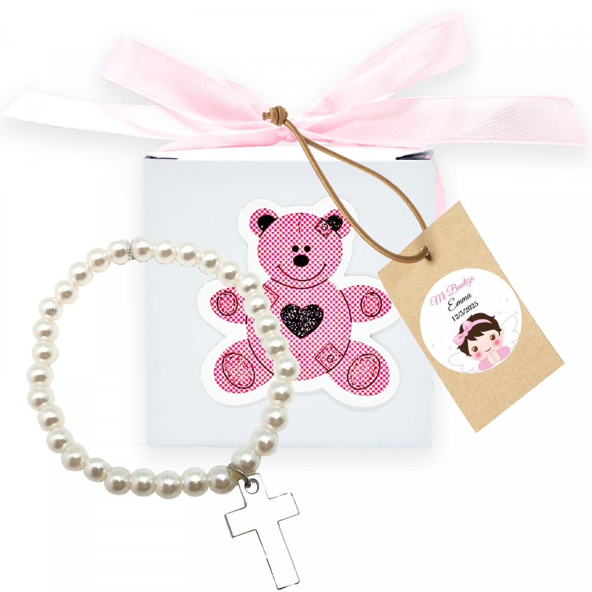 Bracciale perle con croce in scatola di orso rosa con etichetta personalizzata per dettagli battesimo bambina