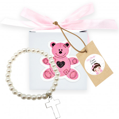 Bracciale perle con croce in scatola di orso rosa con etichetta personalizzata per dettagli battesimo bambina