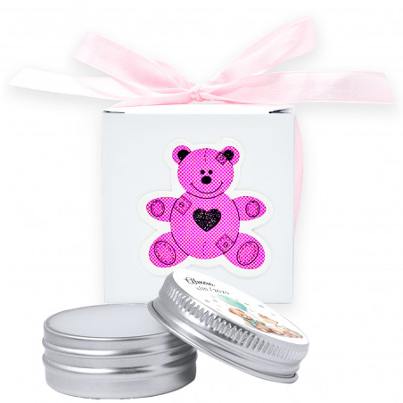 Balsamo labiale vegano personalizzato in scatola con orsetto in rilievo color rosa da regalare