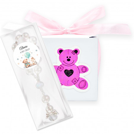 Rosario angelo custode in scatola con orsetto rosa e adesivo personalizzabile