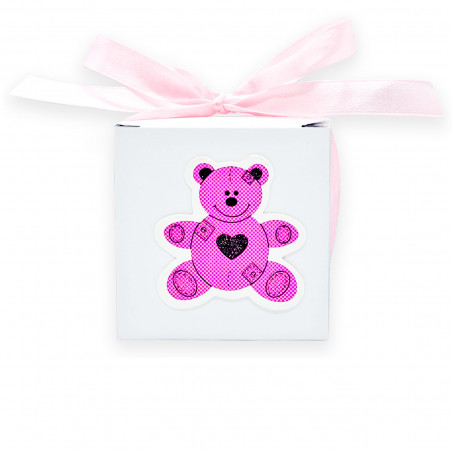 Bracciale perle con croce in scatola di orso rosa con etichetta personalizzata per dettagli battesimo bambina