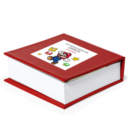 Blocco note rosso con post it personalizzati con adesivo di mario bros da regalare