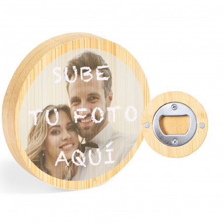Apribottiglie rotondo in legno personalizzato con adesivo con immagine