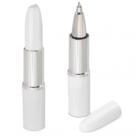 Penna a forma di rossetto personalizzata con adesivo presentata in sacchetto di organza blu
