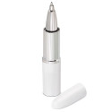 Penna a forma di rossetto personalizzata con adesivo presentata in sacchetto di organza blu