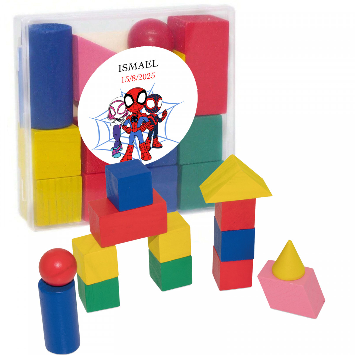 Set di blocchi di legno personalizzati con adesivo spidey