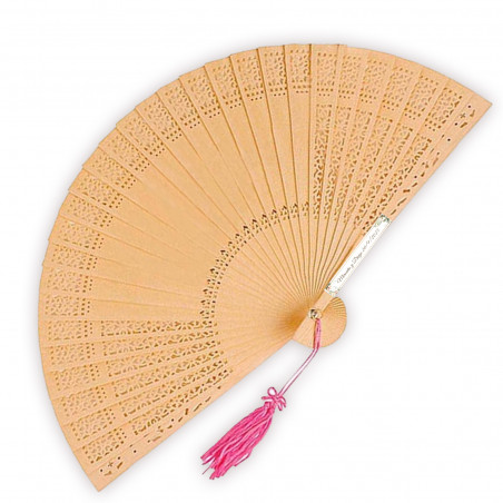 Ventaglio di legno intagliato decorato con pom pom rosa e adesivo personalizzabile con testo