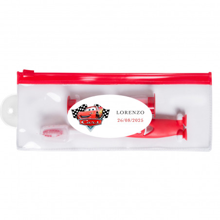 Spazzolino da denti per bambini con clessidra in astuccio e adesivo personalizzabile di cars