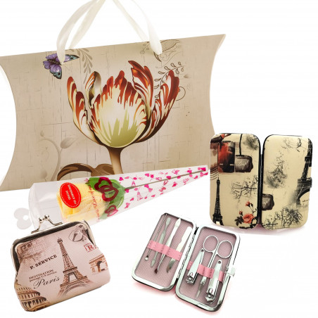 Set manicure con borsetta e asciugamano a forma di fiore presentato in una scatola con manico