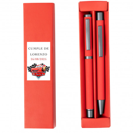 Penna e roller in astuccio rosso con adesivo personalizzabile di cars