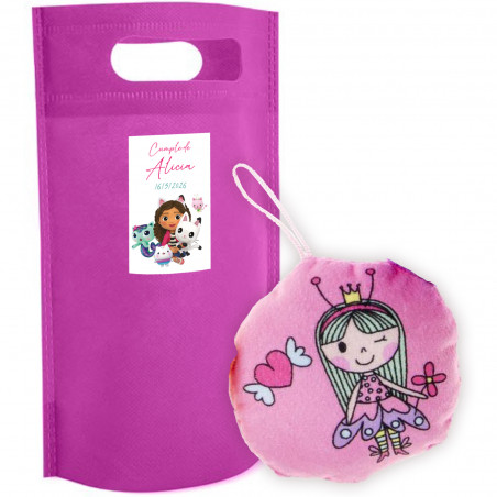 Cuscino rotondo per bambini a tema principesse in assortimento in borsa decorativa rosa e adesivo personalizzabile di gaby e