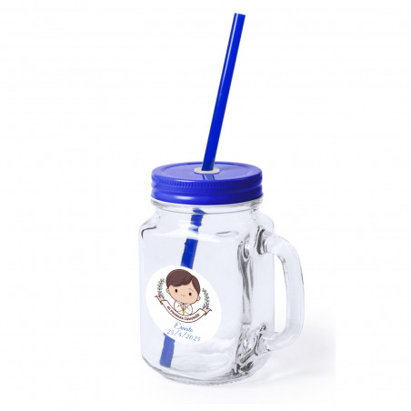 Jarra di vetro personalizzata con coperchio blu e cannuccia per comunione