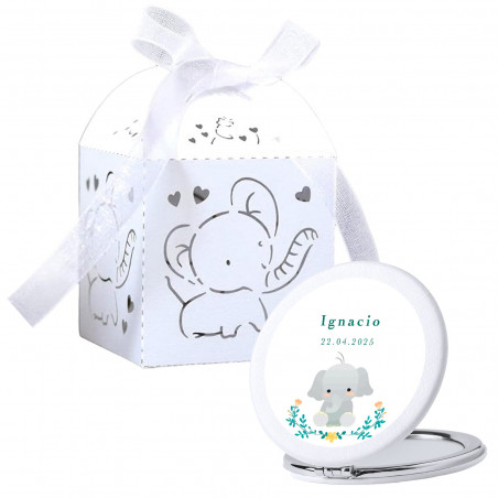 Specchio personalizzato con scatolina a forma di elefante ideale per dettagli di battesimo baby shower o nascita