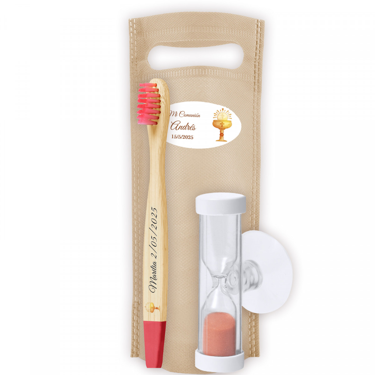 Set di spazzolino da denti in bambù con clessidra e borsa personalizzata regalo per comunione