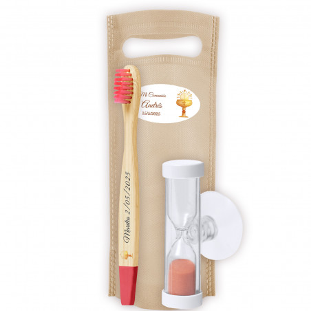 Set di spazzolino da denti in bambù con clessidra e borsa personalizzata regalo per comunione