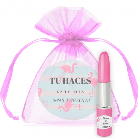 Specchio con frase di ringraziamento e penna rossetto con adesivo personalizzato