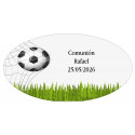 Portachiavi a forma di pallone da calcio presentato in busta verde e adesivo con testo