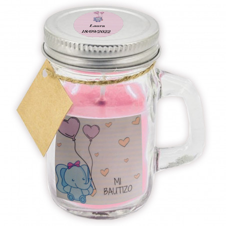 Candela profumata rosa con tappo personalizzato per battesimo