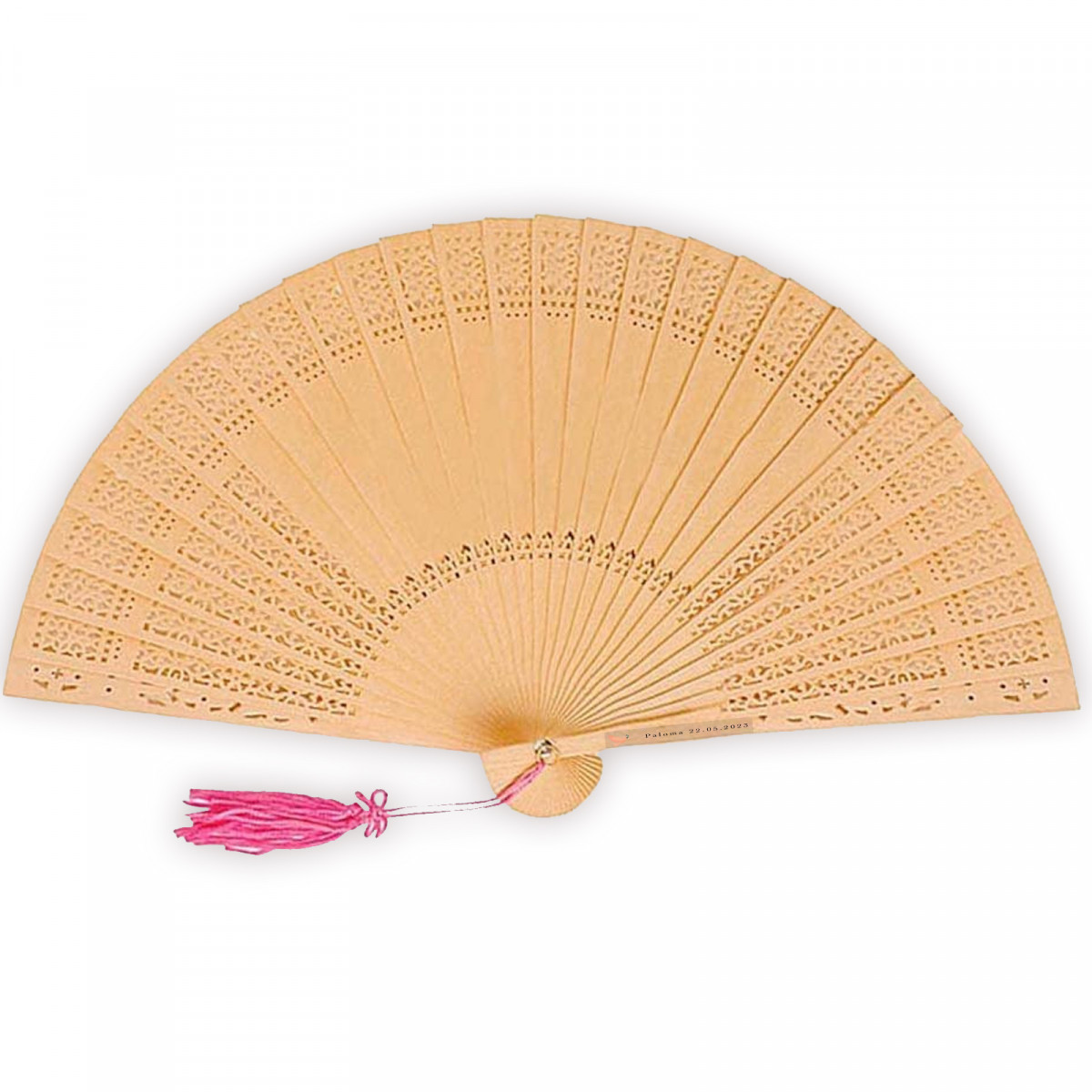 Ventaglio di legno con pompon rosa personalizzato per gli ospiti