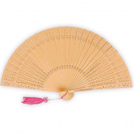 Ventaglio di legno con pompon rosa personalizzato per gli ospiti