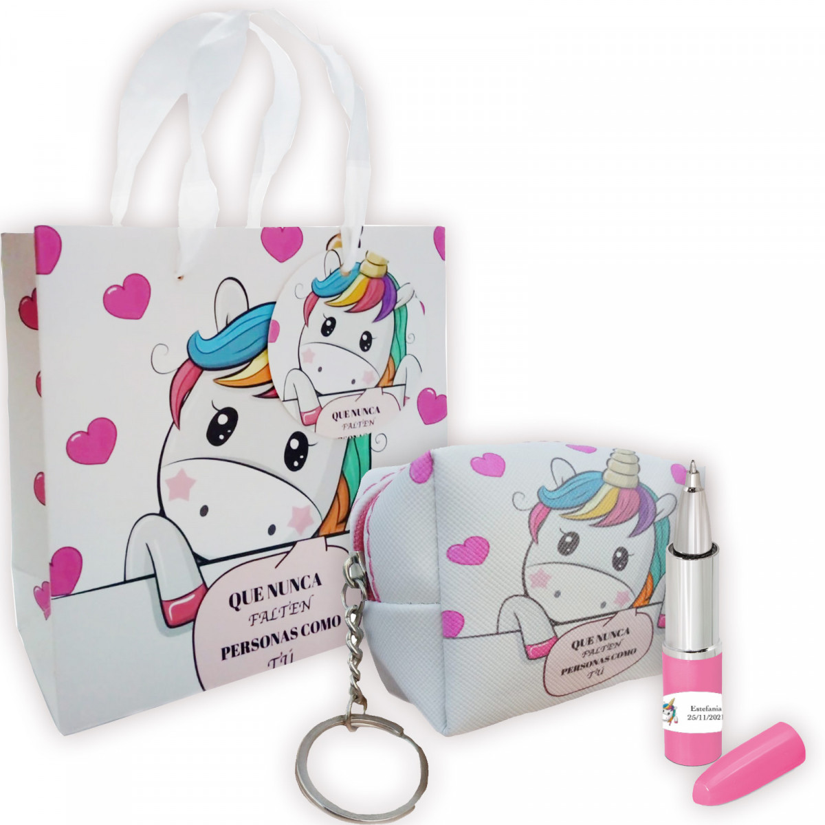 Portachiavi e penna rossetto con adesivo personalizzato presentato in borsa regalo