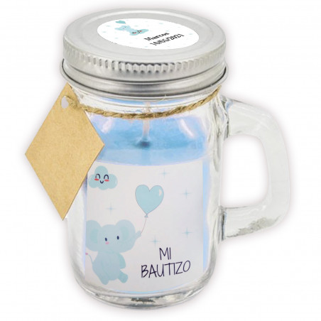 Candela aromatica celeste con coperchio personalizzato per battesimo