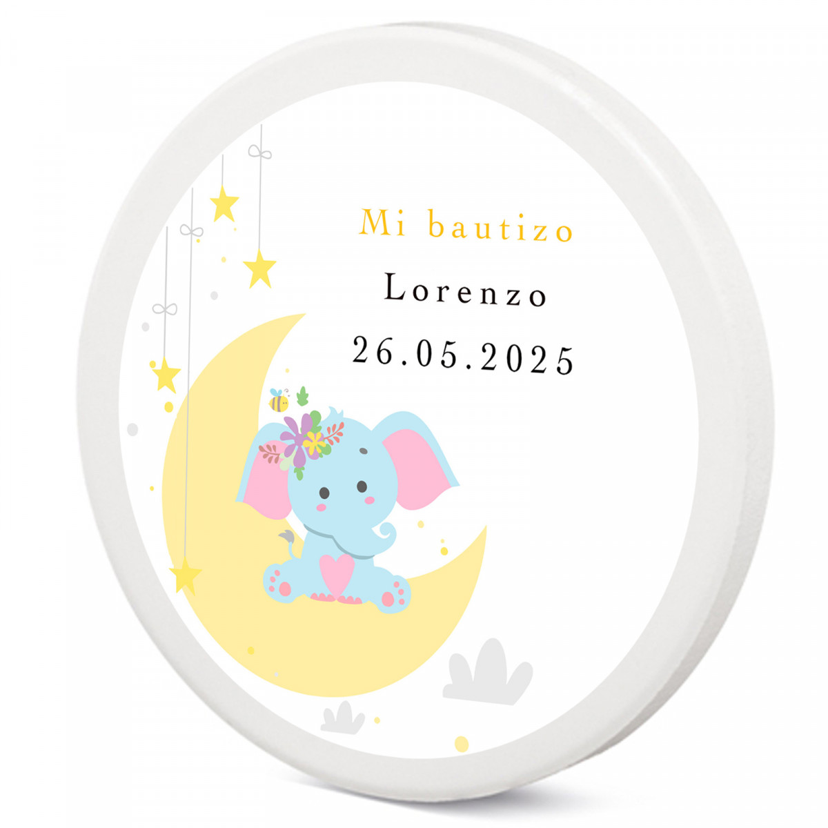 Immagine di ceramica personalizzata per battesimo con elefante sulla luna