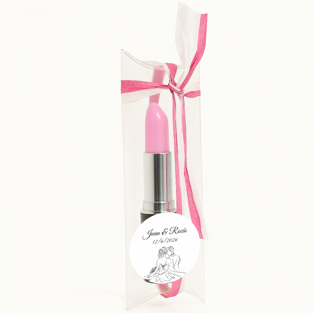 Penna a sfera rossetto personalizzata per matrimonio in scatola di acetato decorata con rafia