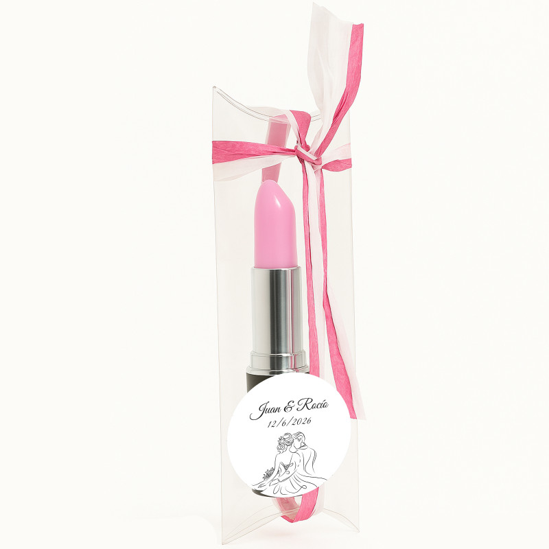 Penna a sfera rossetto personalizzata per matrimonio in scatola di acetato decorata con rafia