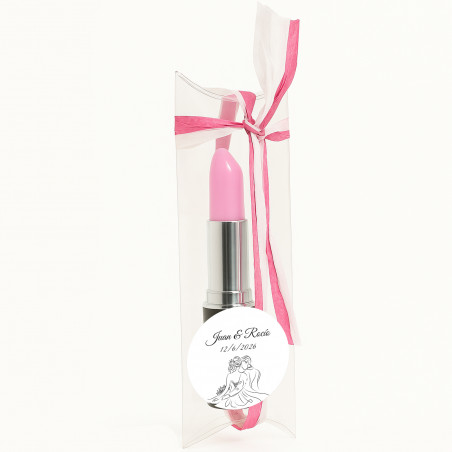 Penna a sfera rossetto personalizzata per matrimonio in scatola di acetato decorata con rafia