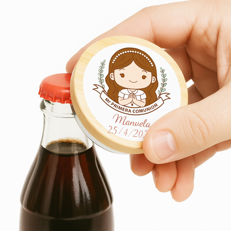 Apribottiglie magnetico con adesivo prima comunione bambina per dettagli invitati