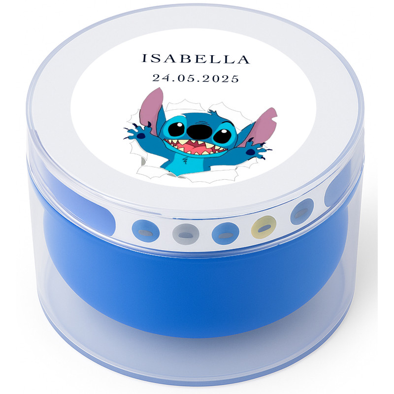 Altoparlante bluetooth blu personalizzato con design di stitch: dettaglio originale per comunioni e eventi infantili