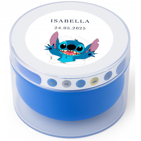 Altoparlante bluetooth blu personalizzato con design di stitch: dettaglio originale per comunioni e eventi infantili