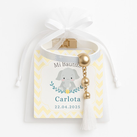 Bracciale bianco con pom pom e biglietto da visita personalizzato per battesimi
