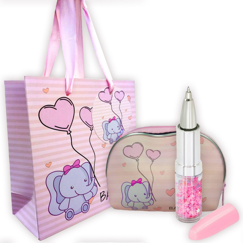 Penna a sfera a forma di rossetto con portamonete rosa per battesimo presentata in borsa
