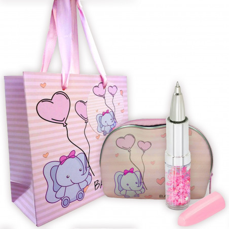 Penna a sfera a forma di rossetto con portamonete rosa per battesimo presentata in borsa