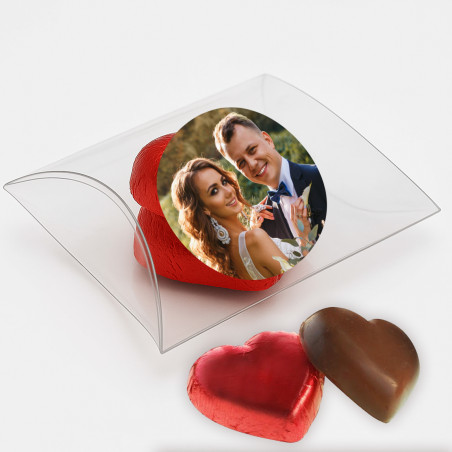 Cioccolatini a forma di cuore con adesivo personalizzato