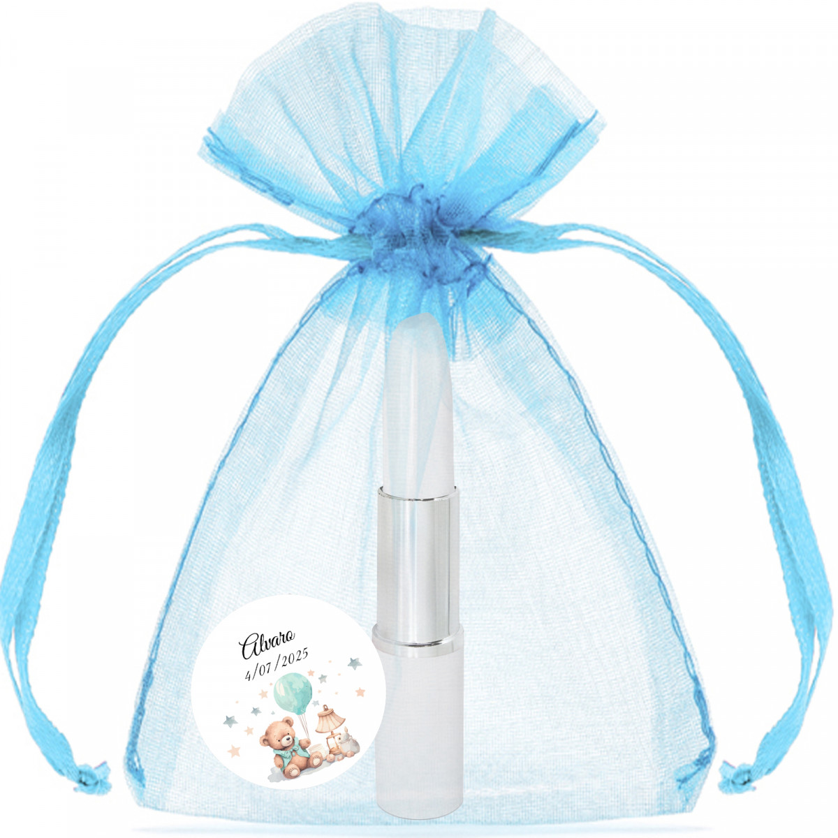 Penna a forma di rossetto personalizzata con adesivo presentata in sacchetto di organza blu