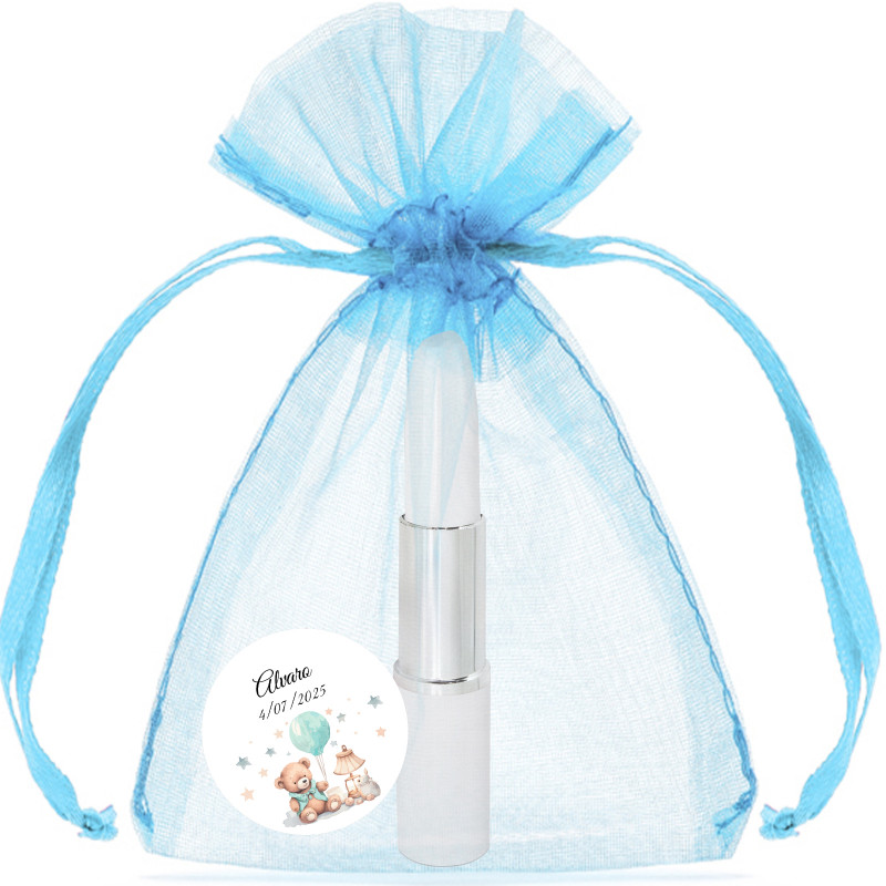 Penna a forma di rossetto personalizzata con adesivo presentata in sacchetto di organza blu