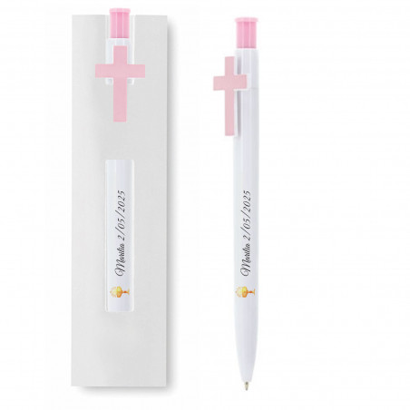 Penna personalizzata per comunione con croce rosa