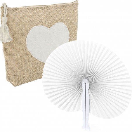 Necessaire in iuta con cuore e ventaglio bianco ideale per dettagli per le invitate