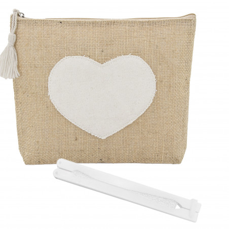Necessaire in iuta con cuore e ventaglio bianco ideale per dettagli per le invitate