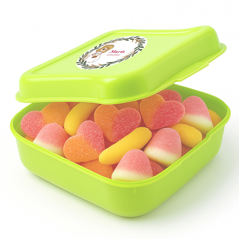 Fiambrera verde con caramelle senza glutine personalizzata: dettaglio dolce per invitati