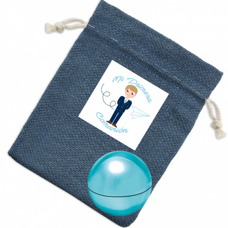 Balsamo labiale con aroma di vaniglia in borsa blu navy con adesivo: dettaglio per invitate di comunione
