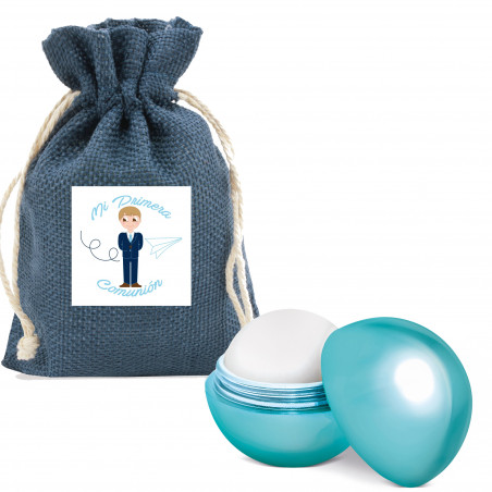 Balsamo labiale con aroma di vaniglia in borsa blu navy con adesivo: dettaglio per invitate di comunione