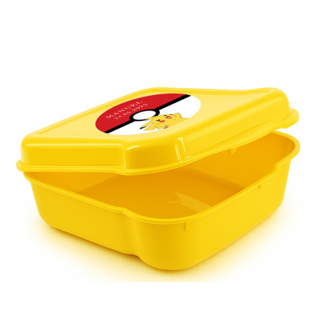 Contenitore giallo con adesivo pokémon e dolcetti per feste infantili